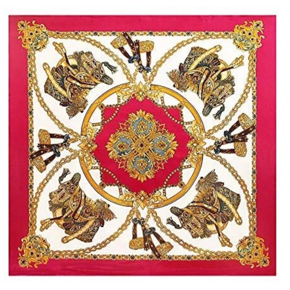Red and Gold Womenโs Malaysia Style Head Scarf Chain Square Scarf! 35โ by 35โ.